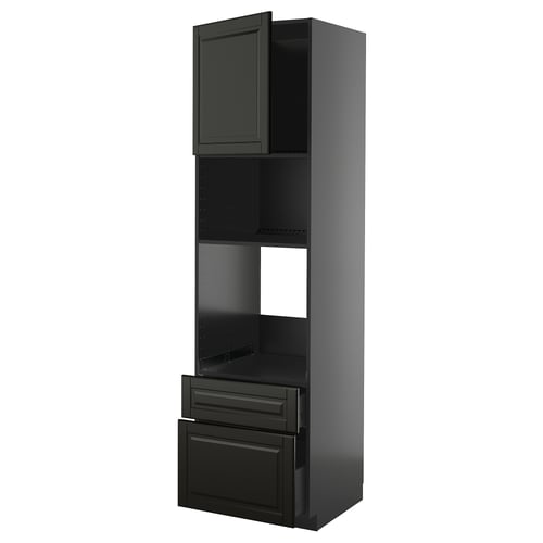 Black METOD kitchen unit with shelves and drawers. Bevelled edges, sleek modern design.