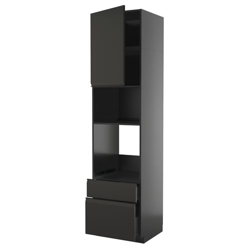 Modern black kitchen cabinet with drawer, sleek handles, and adjustable shelves.