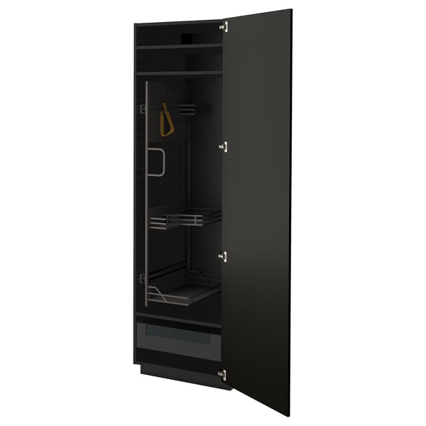 Black METOD kitchen cabinet with adjustable shelf and medium drawer, fully open, showcasing interior metal fixtures and storage compartments.