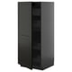 Modern black kitchen cabinet, narrow, tall with shelves, sleek design, glossy finish, adjustable shelves.