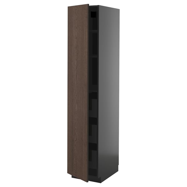 Gray kitchen cabinet with brown door, glass drawer.