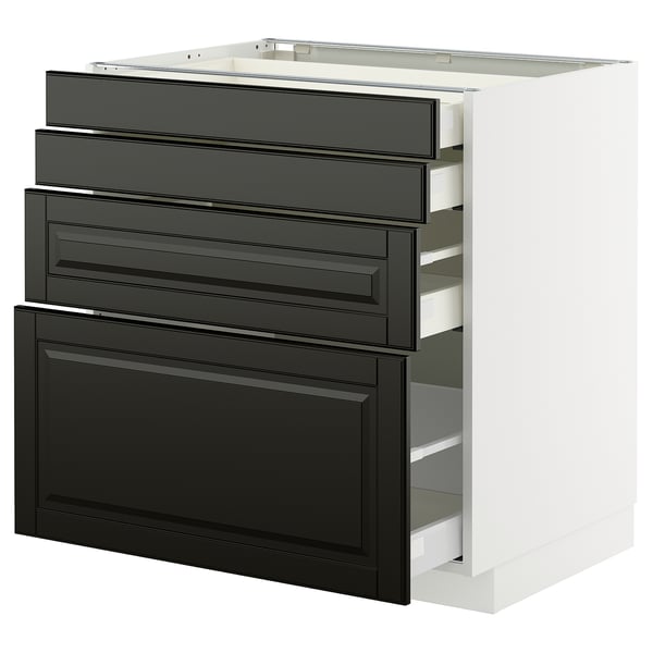 Modern kitchen unit, black drawers with beveled edges, white base, sleek, flat design, smooth finishes.