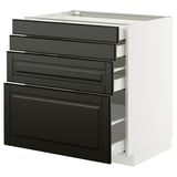Modern kitchen unit, black drawers with beveled edges, white base, sleek, flat design, smooth finishes.