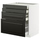 Modern kitchen unit, black drawers with beveled edges, white base, sleek, flat design, smooth finishes.