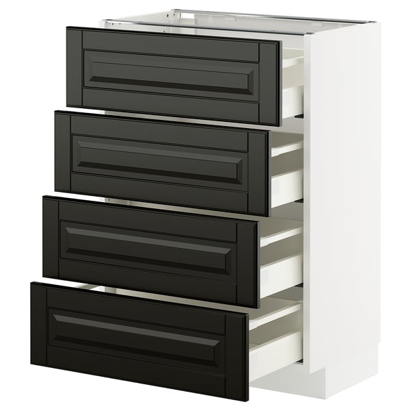 Modern black drawer unit from ikea METOD kitchen system. Four self-closing drawers, sleek bevelled edges, white outer cabinet.