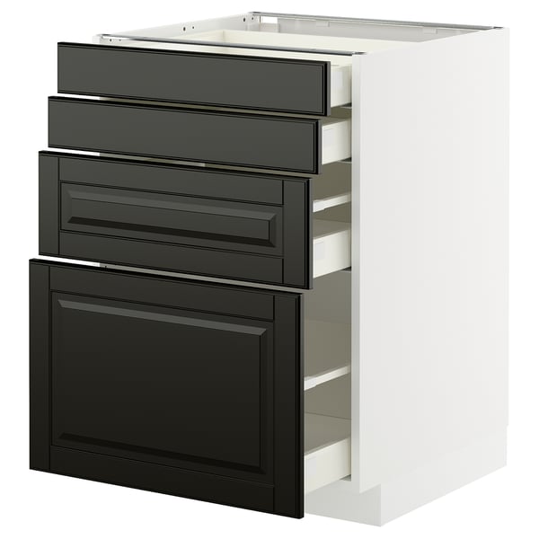 Modern kitchen cabinet with black beveled drawers and white body, offering ample storage.