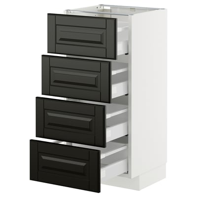 Modern white cabinet with four black drawers, sleek handles, sturdy and organized.