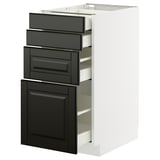 A METOD kitchen unit with dark grey bevelled bodbyn drawers and doors, featuring three drawers and one cabinet, set against a white frame.