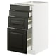 A METOD kitchen unit with dark grey bevelled bodbyn drawers and doors, featuring three drawers and one cabinet, set against a white frame.