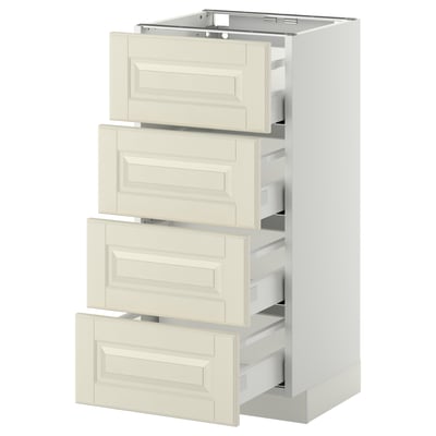 A white METOD kitchen cabinet with four bodbyn off-white drawers featuring beveled edges, set against a white background.