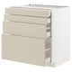 Modern kitchen unit with beige drawers and white base.