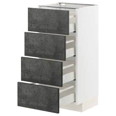 Modern white kitchen cabinet with four open dark grey drawers, minimalist design, durable materials.