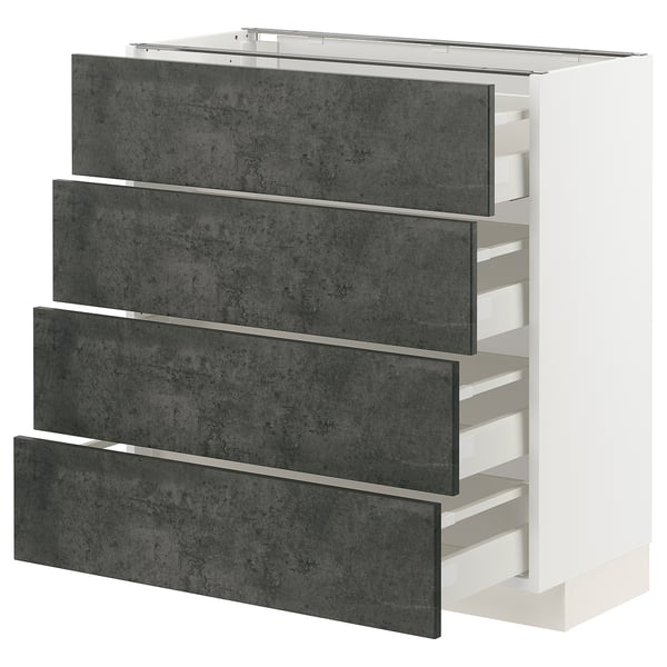 METOD kitchen unit with four grey drawers, sleek linear design, concrete effect finish.