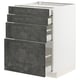Modern white kitchen cabinets with dark gray concrete drawers, sleek urban design.