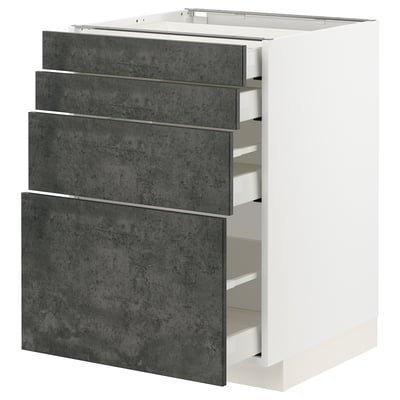 Modern white kitchen cabinets with dark gray concrete drawers, sleek urban design.