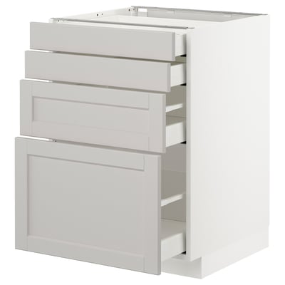 This image shows a white METOD kitchen cabinet with four drawers in a classic design.