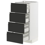 Modern black and white kitchen cabinet with four drawers and sleek handles.