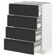 A modern white and black kitchen cabinet with four black drawers featuring sleek handles. The design is minimalist and contemporary.