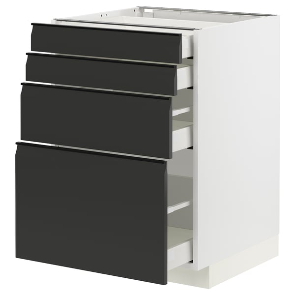 This image shows a modern black and white METOD kitchen cabinet unit with four drawers.