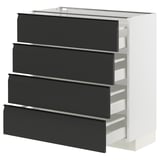 Modern white kitchen unit with four matte black drawers, sleek design.
