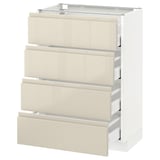 A white and beige METOD kitchen cabinet with four drawers, featuring a glossy finish and sleek, handle-less design.
