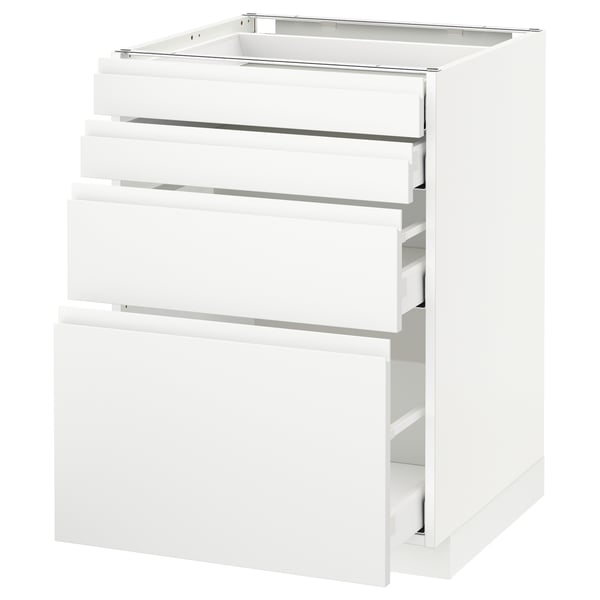 White modern kitchen cabinet with minimalist design, featuring three pullout drawers and sleek, integrated handles.