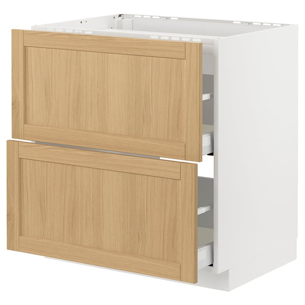 METOD kitchen unit with oak-veneer drawers, white frame, soft-close drawers.