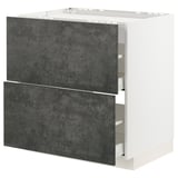 A METOD kitchen cabinet in white with dark grey drawers. Its rectangular with modern design and metallic hardware.