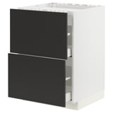 A black and white modern kitchen cabinet with multiple drawers.