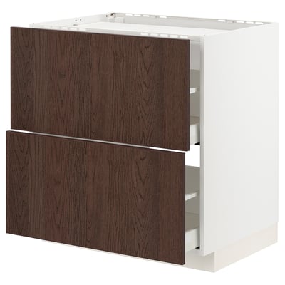 White ikea METOD kitchen unit with dark brown drawers and wooden edge.