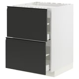Modern black and white kitchen unit with built-in drawers, sleek edges, and a sturdy frame.