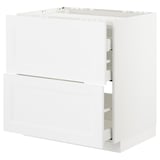 White METOD kitchen cabinet set, modern design, with multiple storage drawers and a built-in oven/sink space, white finish.