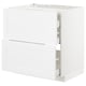 White METOD kitchen cabinet set, modern design, with multiple storage drawers and a built-in oven/sink space, white finish.