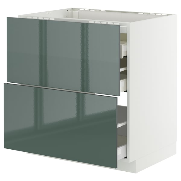 Modern kitchen cabinet, white, high-gloss grey-green drawers, rectangular, sleek design.