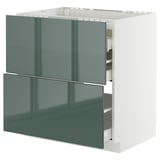 Modern kitchen cabinet, white, high-gloss grey-green drawers, rectangular, sleek design.