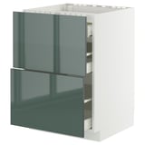 Modern gray-green high-gloss kitchen cabinet with multiple drawers and shelves.