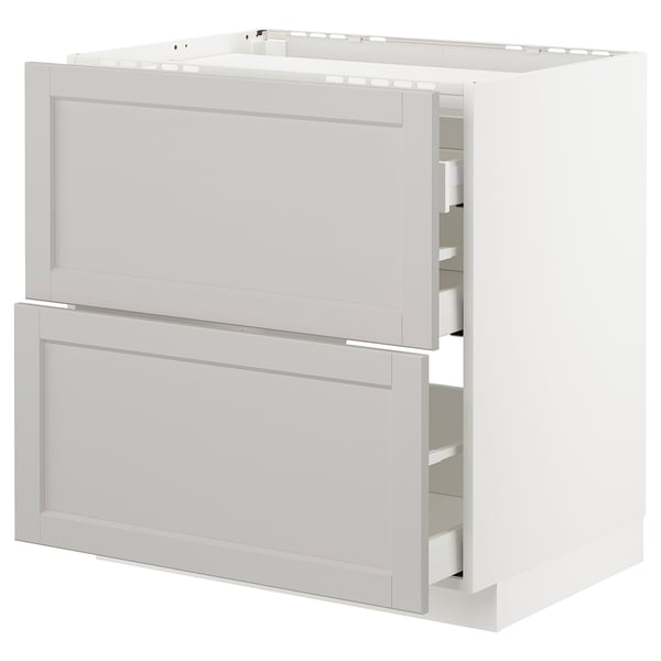 White METOD kitchen cabinet with grey lerhyttan drawers, beveled edges, self-closing drawers.