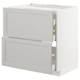 White METOD kitchen cabinet with grey lerhyttan drawers, beveled edges, self-closing drawers.