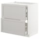 White METOD kitchen cabinet with grey lerhyttan drawers, beveled edges, self-closing drawers.