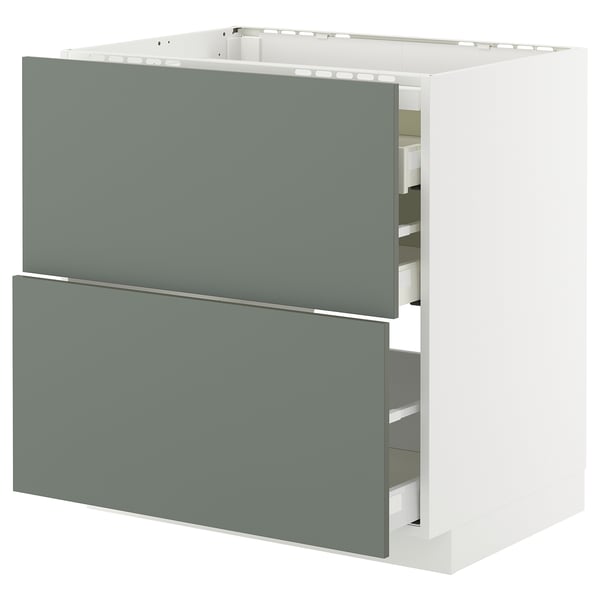 A grey-green ikea METOD kitchen cabinet with two open drawers, displaying organizer inserts.