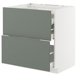 A grey-green ikea METOD kitchen cabinet with two open drawers, displaying organizer inserts.