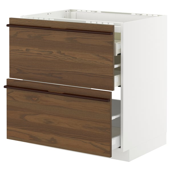 Modern kitchen unit with 2 dark brown wooden drawers and sleek handles.