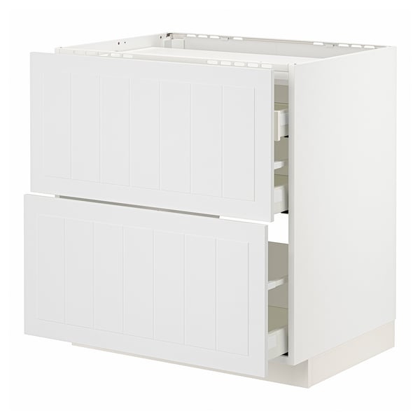 A white METOD kitchen cabinet with drawers. It has a crafty design with smooth, light-colored finish and vertical panels.