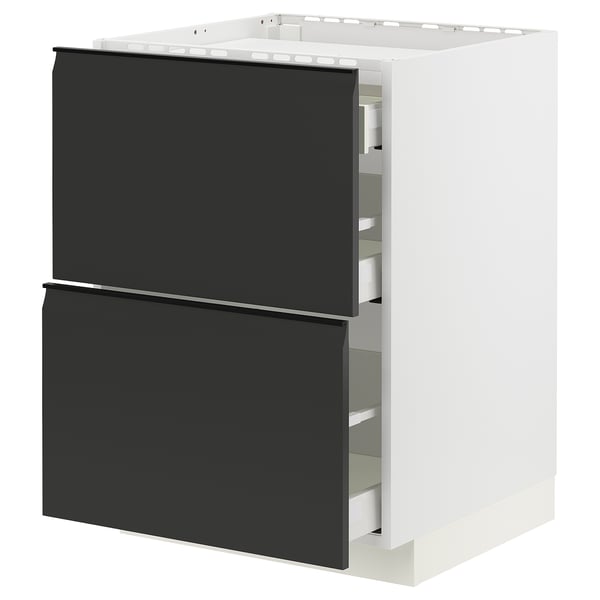 Black and white kitchen cabinet set with two drawers and two shelves. Modern, sleek design with integrated handles.