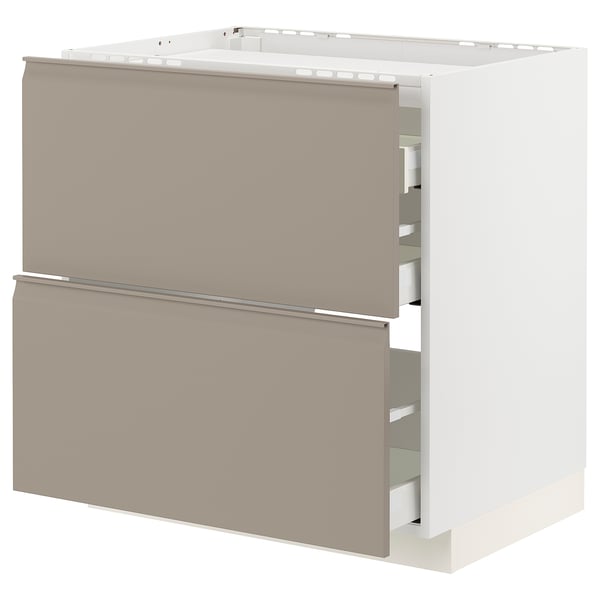 Modern kitchen unit: METOD with upplöv beige-grey drawers, handle-less, rectangular, soft-close drawers.