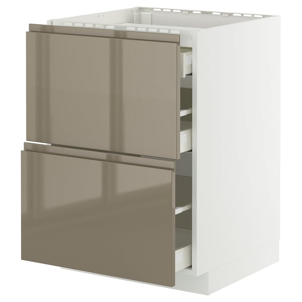 METOD kitchen cabinet in brown, glossy finish. Includes two drawers, grey-brown, with integrated handles.