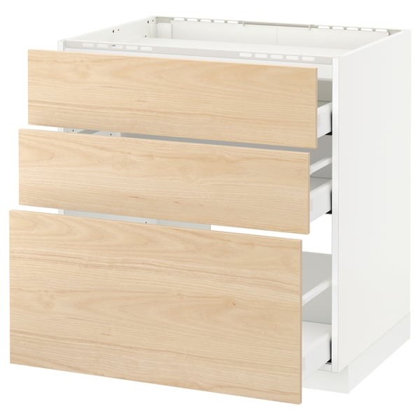 White METOD cabinet with 3 ash wood drawers, minimalist design.