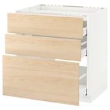 White METOD cabinet with 3 ash wood drawers, minimalist design.