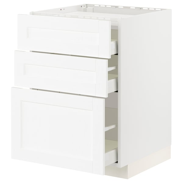 This image shows a white METOD kitchen unit with multiple drawers. It has a modern, minimalist design with a clean, organized appearance.