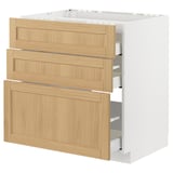 METOD kitchen unit with 3 oak-veneer drawers, light wood grain pattern, partially open.